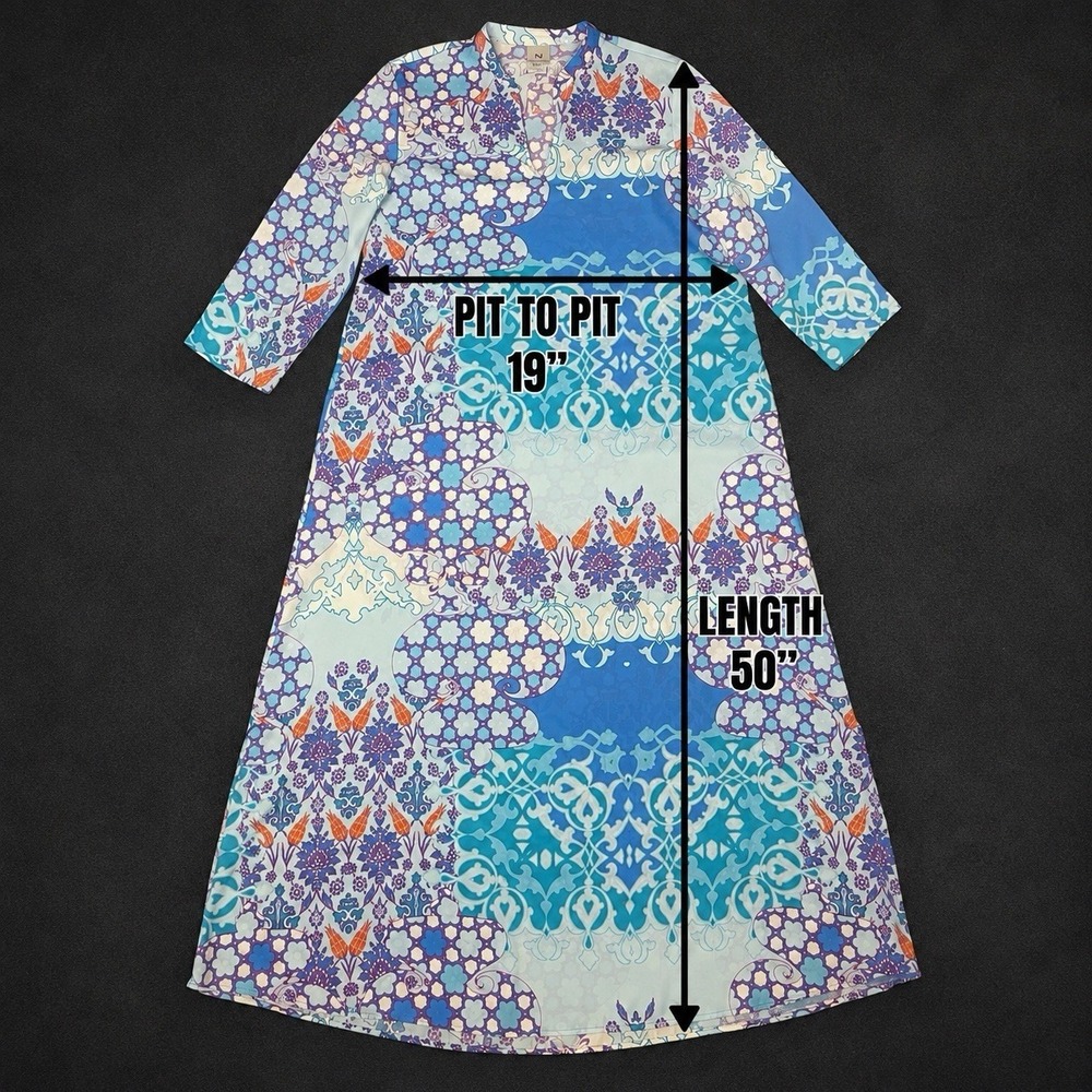 Natori Abstract Floral Blue Kaftan Maxi Dress Womens S Satin Lounge Resort Beach - Picture 7 of 9